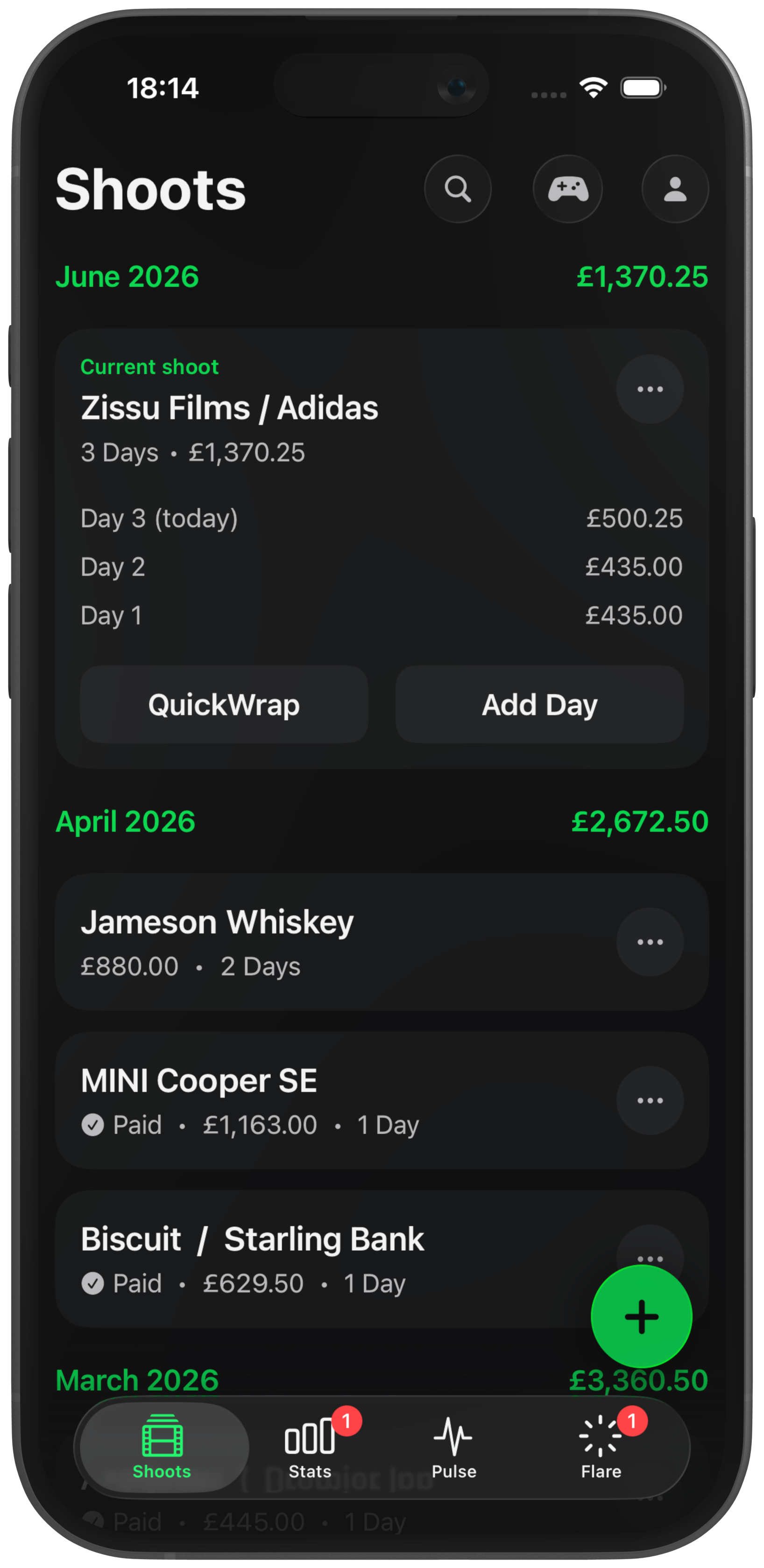 The Rate app's Shoots screen: a current three-day shoot with day totals, QuickWrap and Add Day buttons, and paid shoots listed below